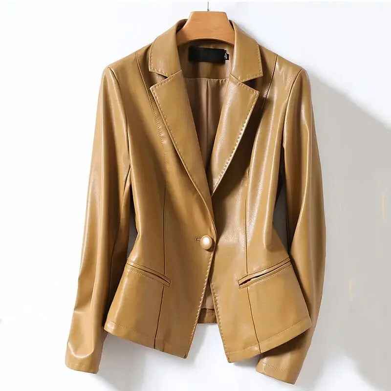 Women's Lambskin Leather Blazer - Stylish and Durable Camel