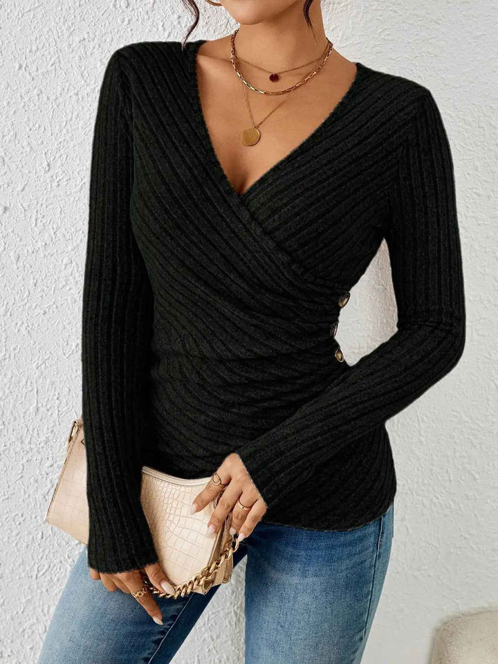 Barbara | Women's Long Sleeve V-Neck Wrap Top Black