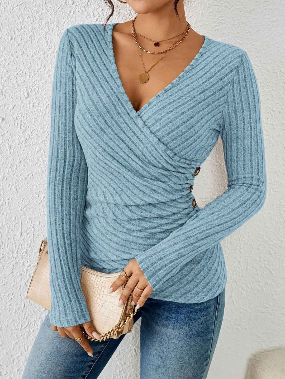 Barbara | Women's Long Sleeve V-Neck Wrap Top Blue