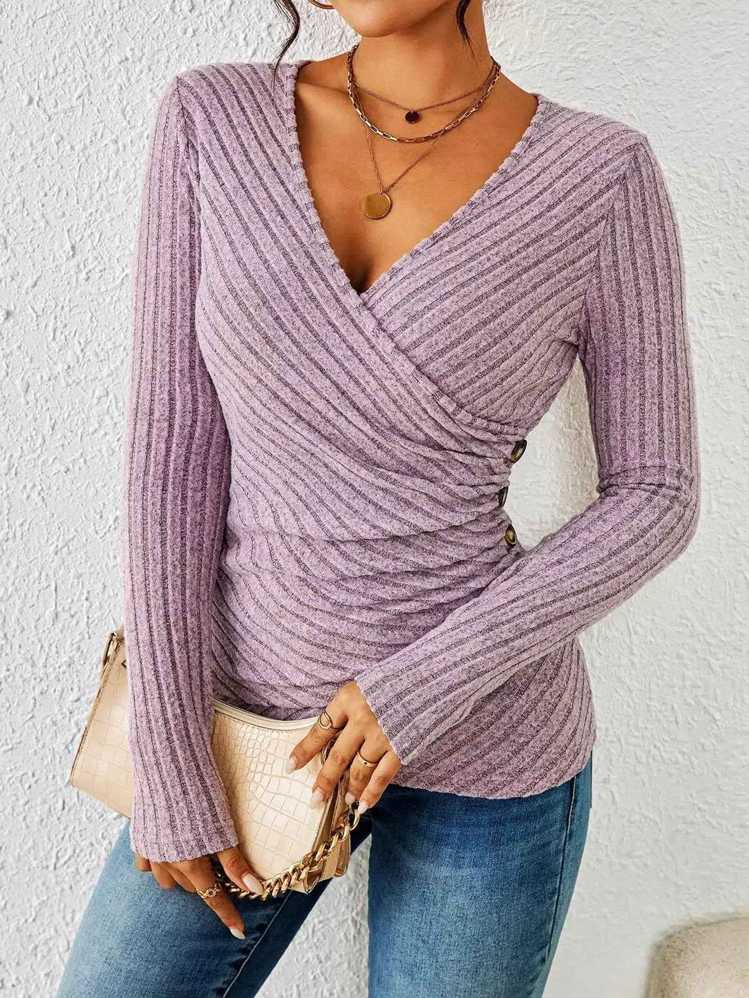 Barbara | Women's Long Sleeve V-Neck Wrap Top Pink