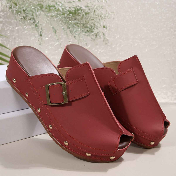 Summer Fish Mouth Wedges Sandals With Rivet Buckle Design Fashion Thick Bottom Slippers For Women Outdoor Non-slip Slides Red