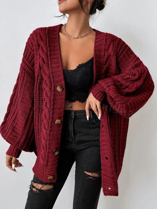 Women's Oversized Cable Knit Cardigan with Button-Up Closure Red