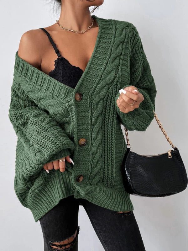 Women's Oversized Cable Knit Cardigan with Button-Up Closure Green