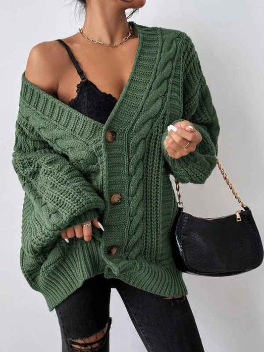 Women's Cable Knit Oversized Button Front Fitted Buttons Red Cardigan Green