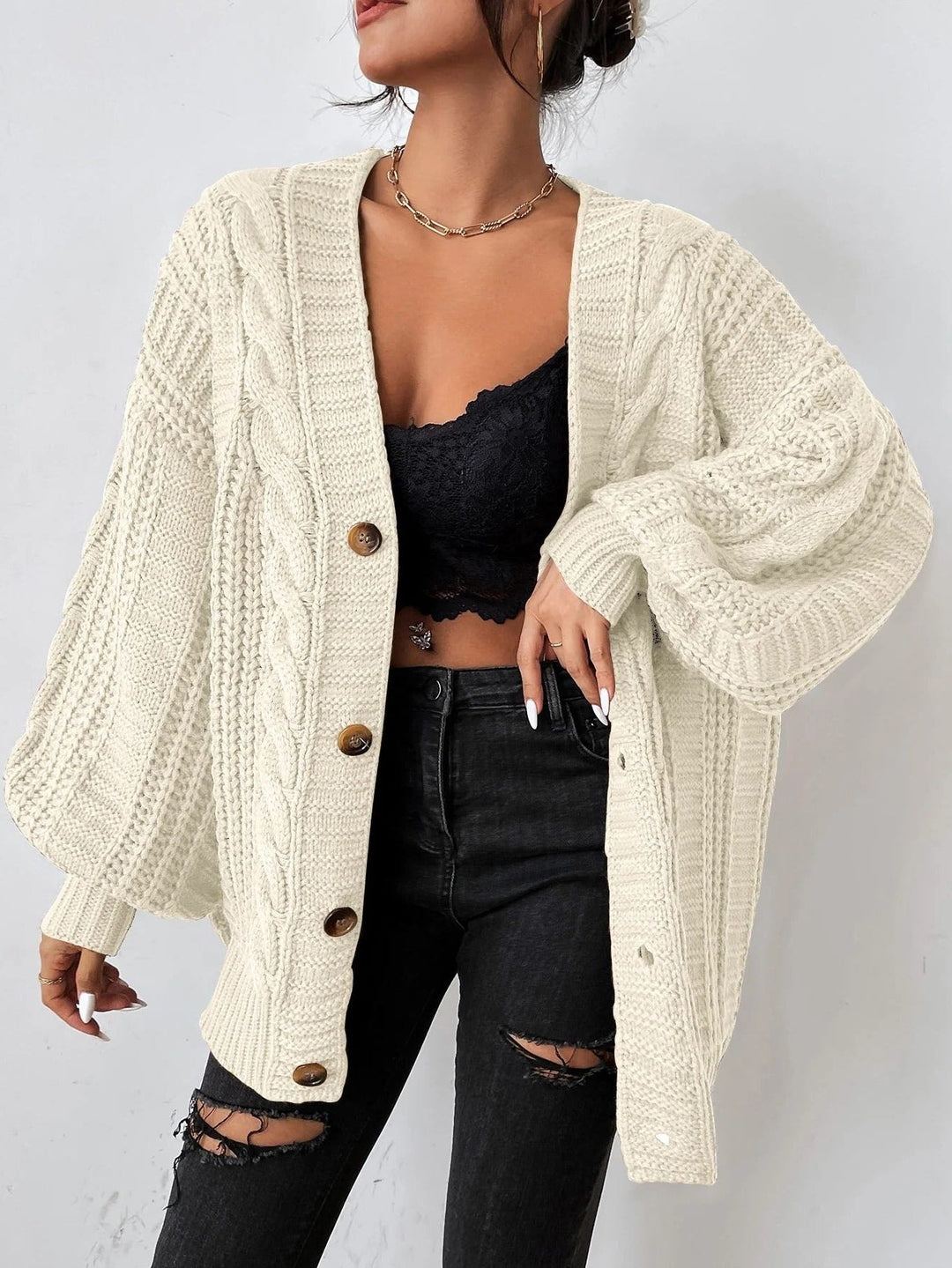 Women's Oversized Cable Knit Cardigan with Button-Up Closure Beige