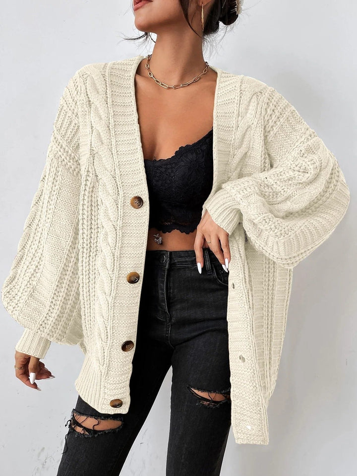 Women's Oversized Cable Knit Cardigan with Button-Up Closure Beige