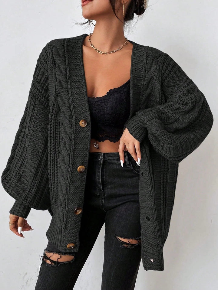 Women's Oversized Cable Knit Cardigan with Button-Up Closure Black