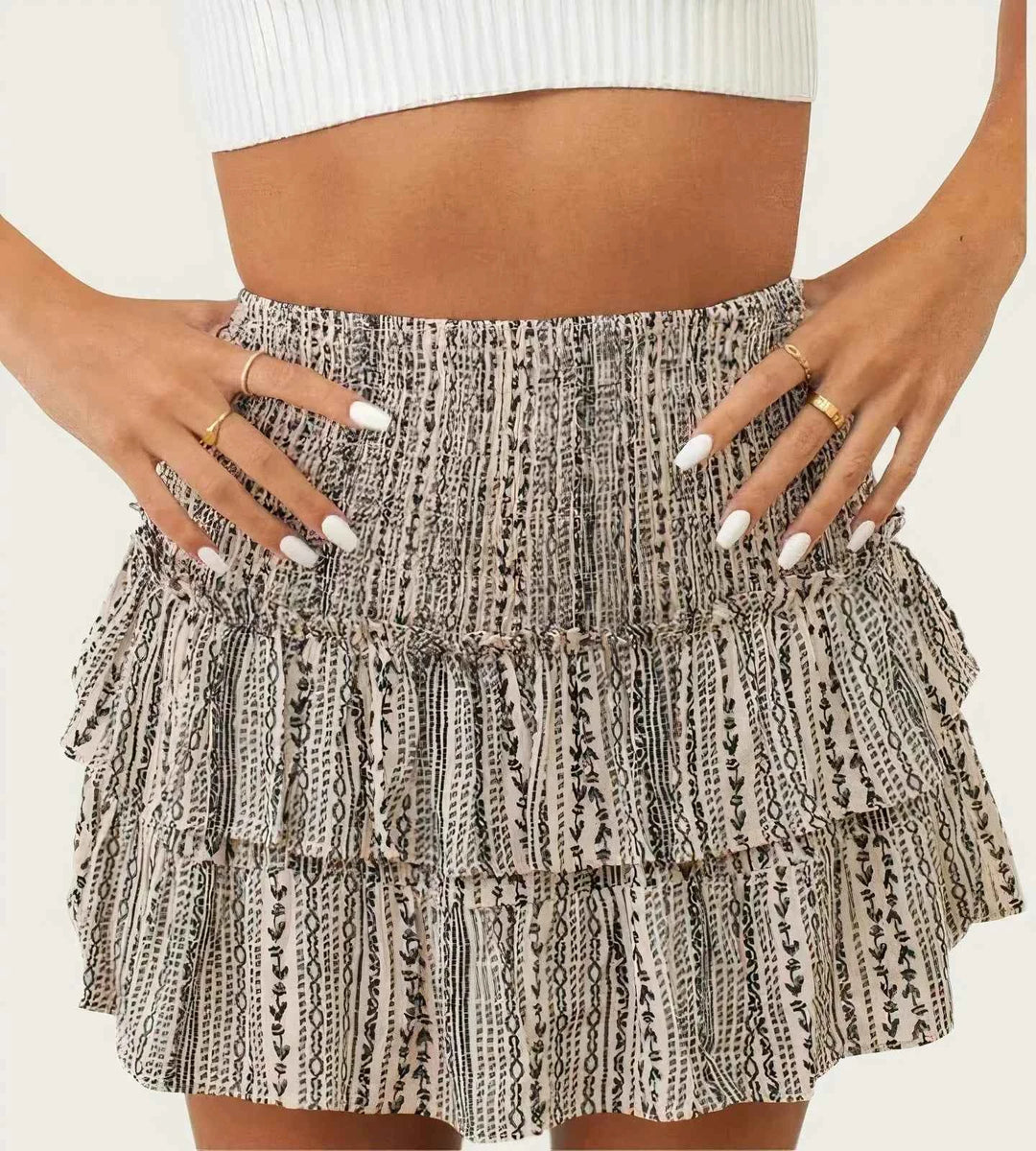 Women's Print Mini Skirt - Layered Ruffles & Elastic Waist - Comfortable Fit