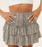 Women's Boho Print Mini Skirt - Layered Ruffles & Elastic Waist - Comfortable Fit