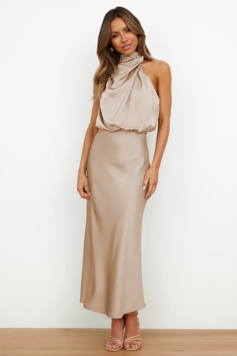 Women's Satin Look Halter Maxi Dress – Sleeveless with Elegant Draping Beige
