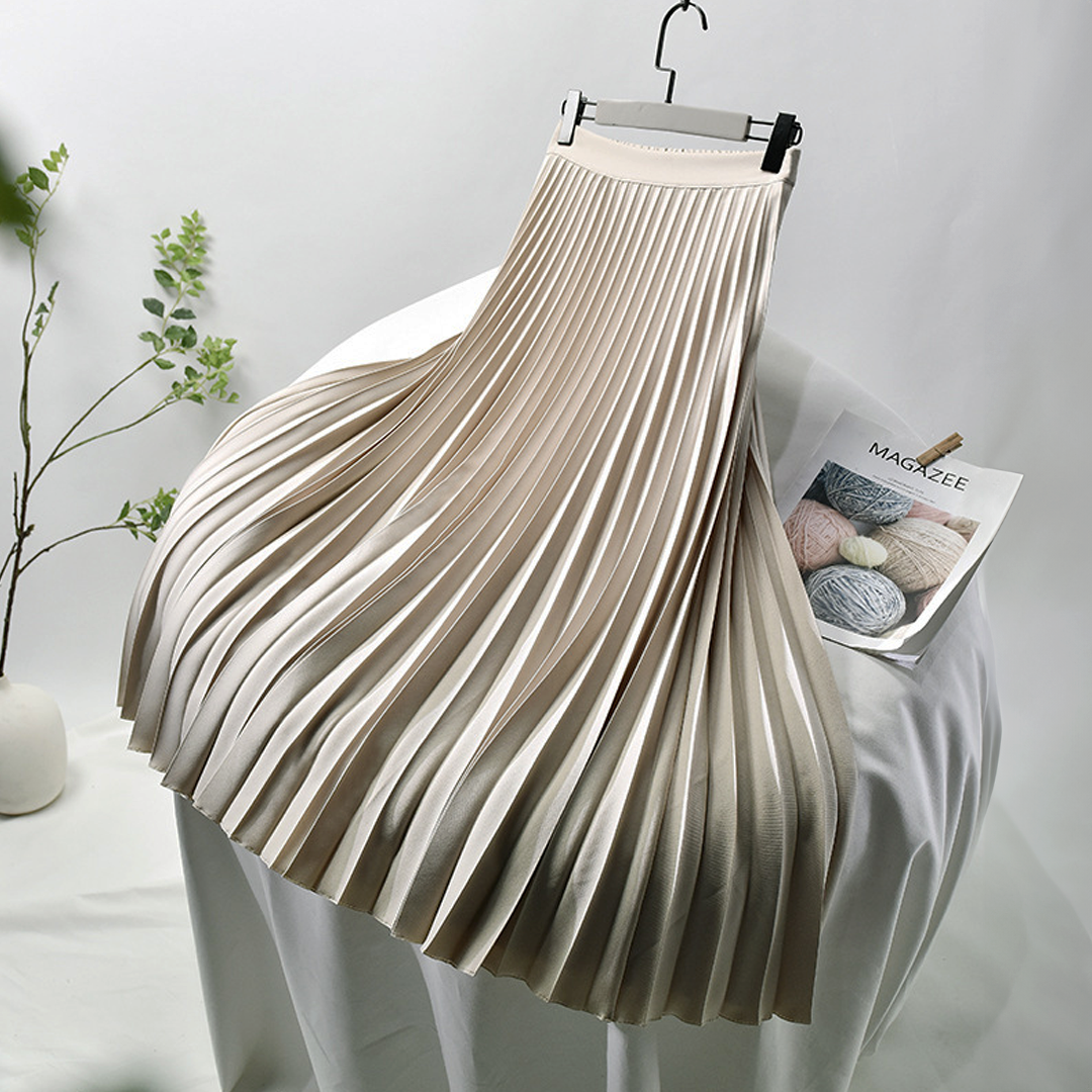 Womens Pleated Satin Skirt Beige Eén maat