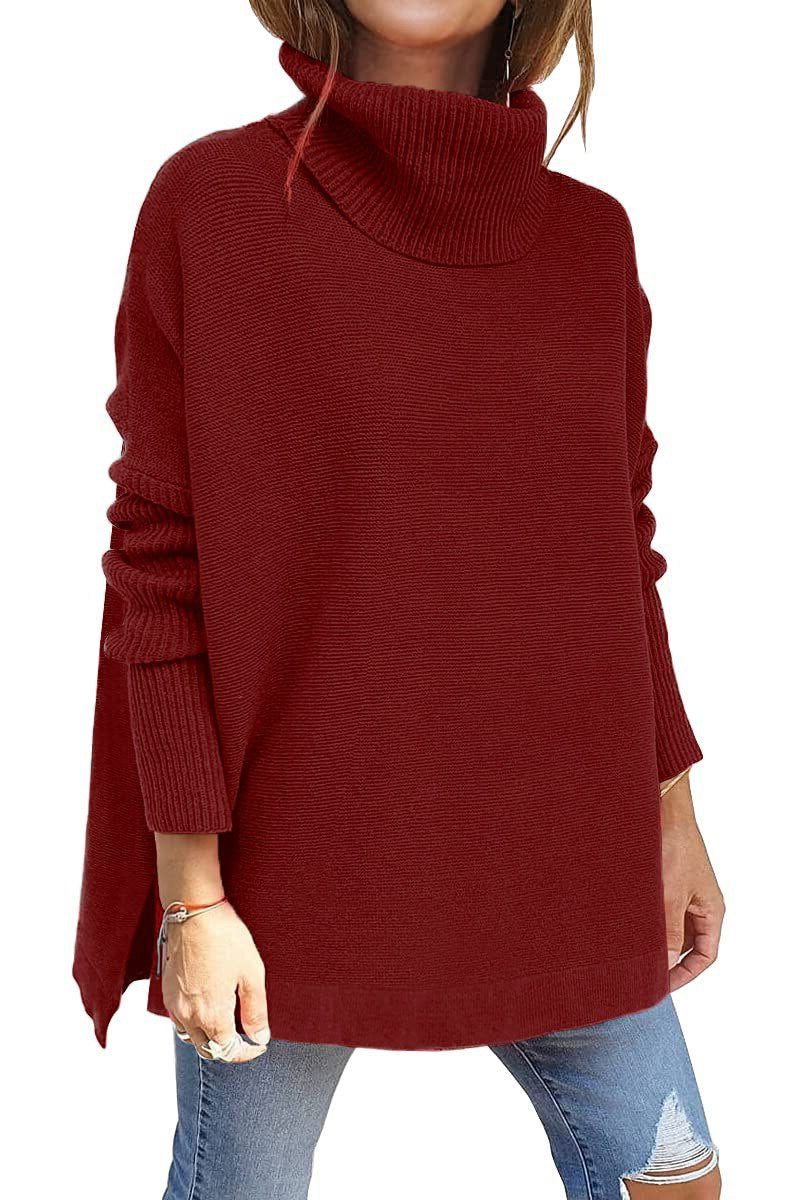 Women's Ribbed Knit Turtleneck Sweater Red