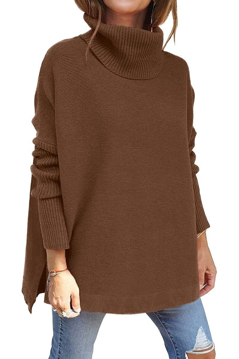 Women's Ribbed Knit Turtleneck Sweater Dark Brown