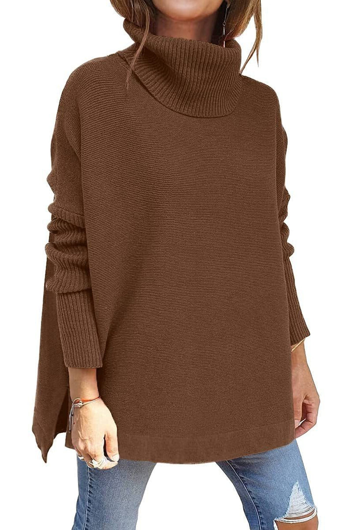 Women's Ribbed Knit Turtleneck Sweater Dark Brown