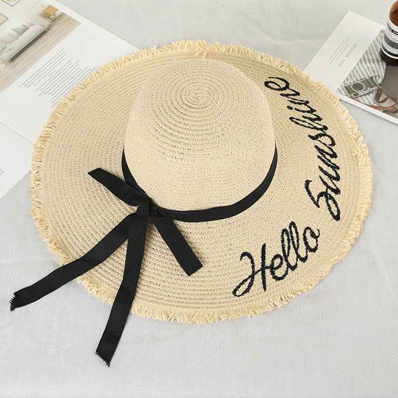 Women Lace Up Large Brim Straw Hat Beach Caps Beige One size