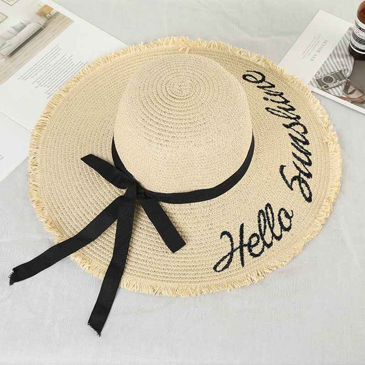 Women Lace Up Large Brim Straw Hat Beach Caps Beige One size