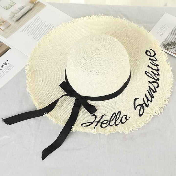 Women Lace Up Large Brim Straw Hat Beach Caps Offwhite One size