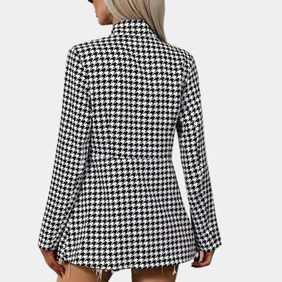 Women's Fitted Houndstooth Blazer with Notched Lapel - Long Style