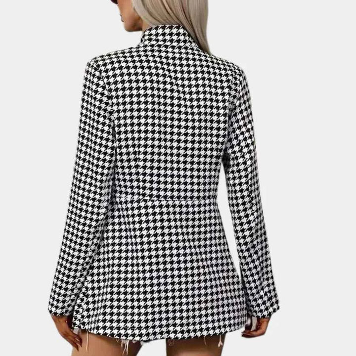 Women's Fitted Houndstooth Blazer with Notched Lapel - Long Style