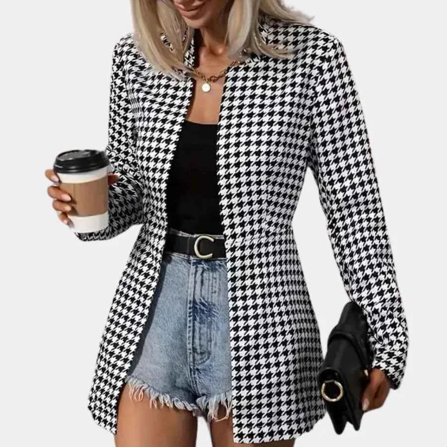 Women's Fitted Houndstooth Blazer with Notched Lapel - Long Style