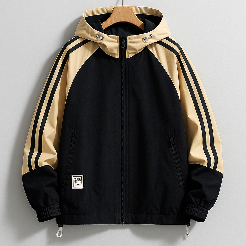 Men's Regular Fit Hooded Jacket with Striped Sleeves - Hip-Length Design Black