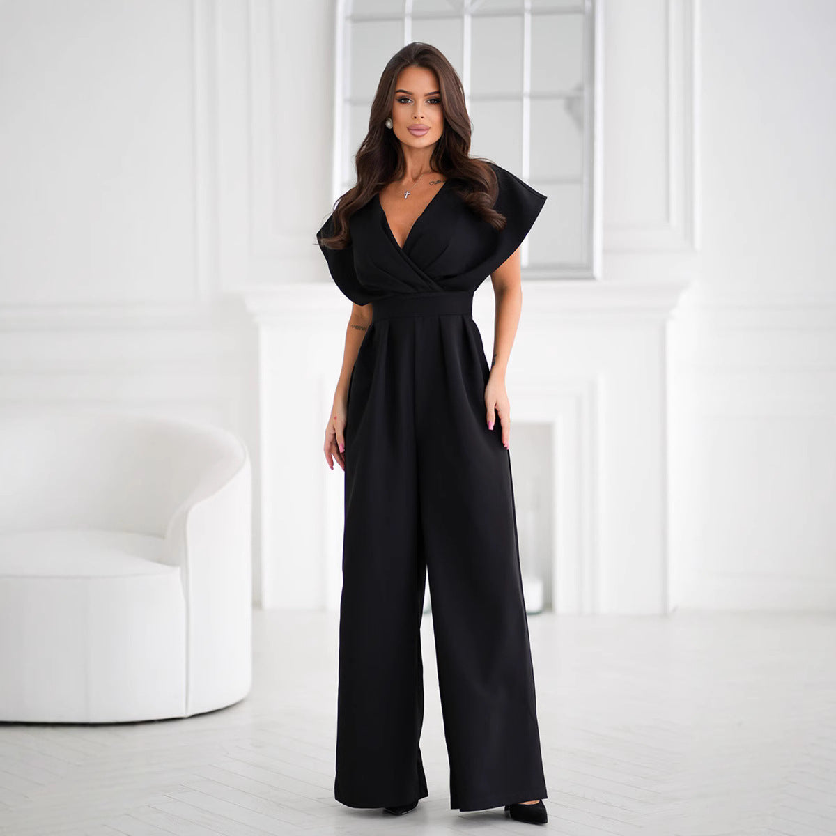 Women's Elegant Wide-Leg Jumpsuit - Deep V-Neck & Cap Sleeves Black
