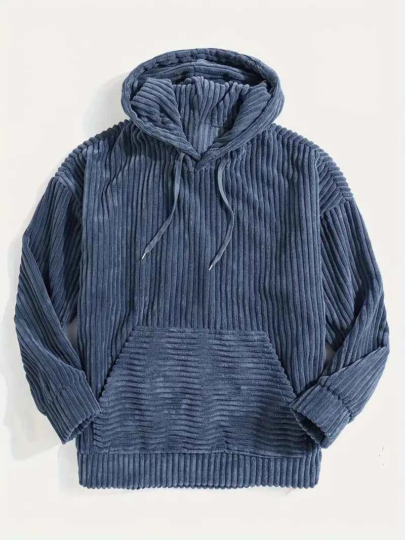 Men's Corduroy Hoodie Sweater – Relaxed Fit with Kangaroo Pocket Blue