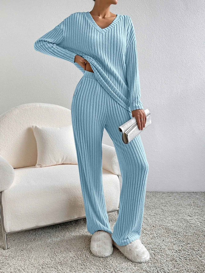 Women's Relaxed Fit Ribbed Lounge Set – Comfortable V-Neck Knit Blue
