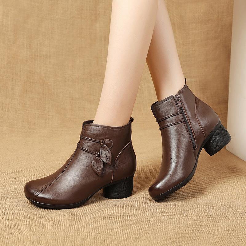 Women's Brown Leather Side Zip Chunky Heel Ankle Boots Brown