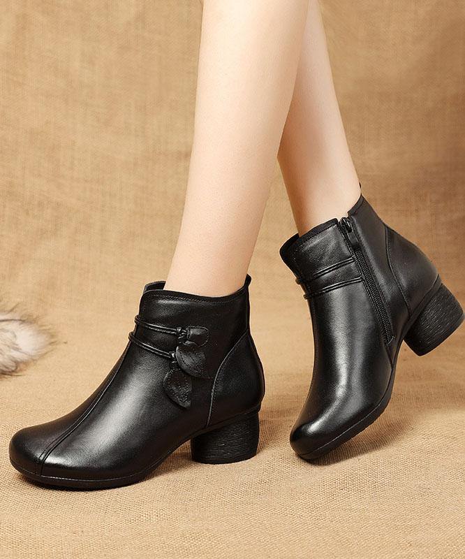 Women's Brown Leather Side Zip Chunky Heel Ankle Boots Black