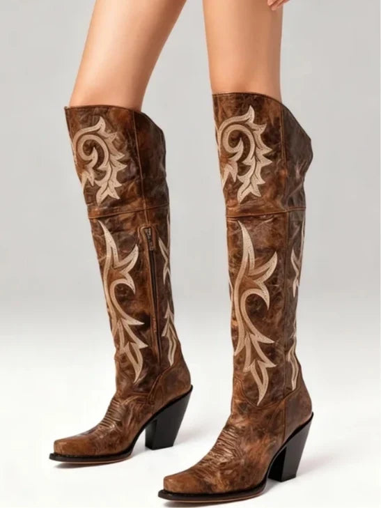 Women's Brown Leather Western Pointed Toe High Heel Booties