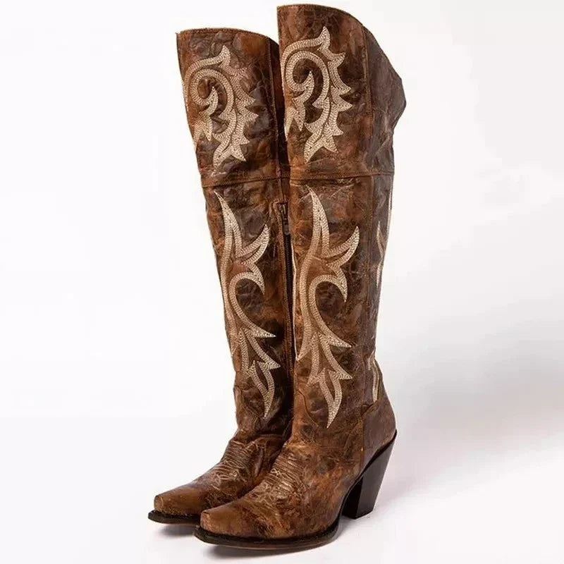 Women's Brown Leather Western Pointed Toe High Heel Booties Brown