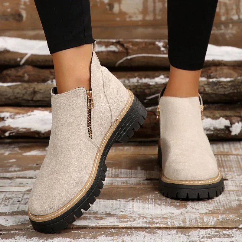 Women's Waterproof Non-Slip Side Zip Ankle Boots Beige
