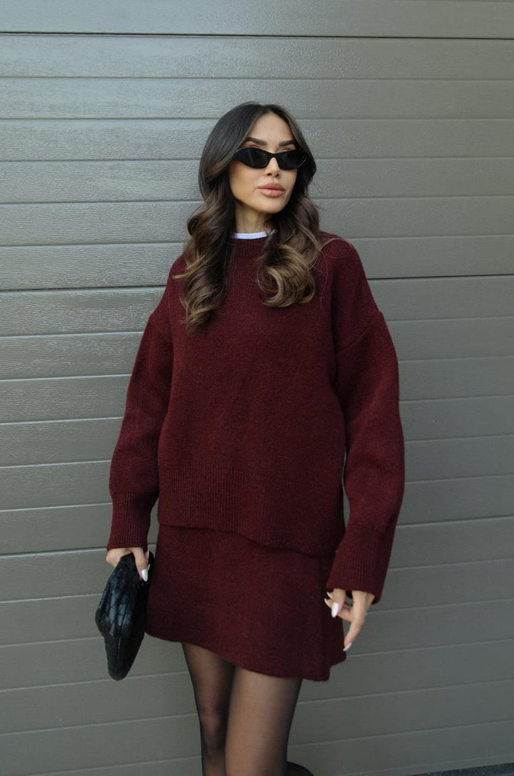 Violet | Women's Knitted Top and Skirt Set Burgundy