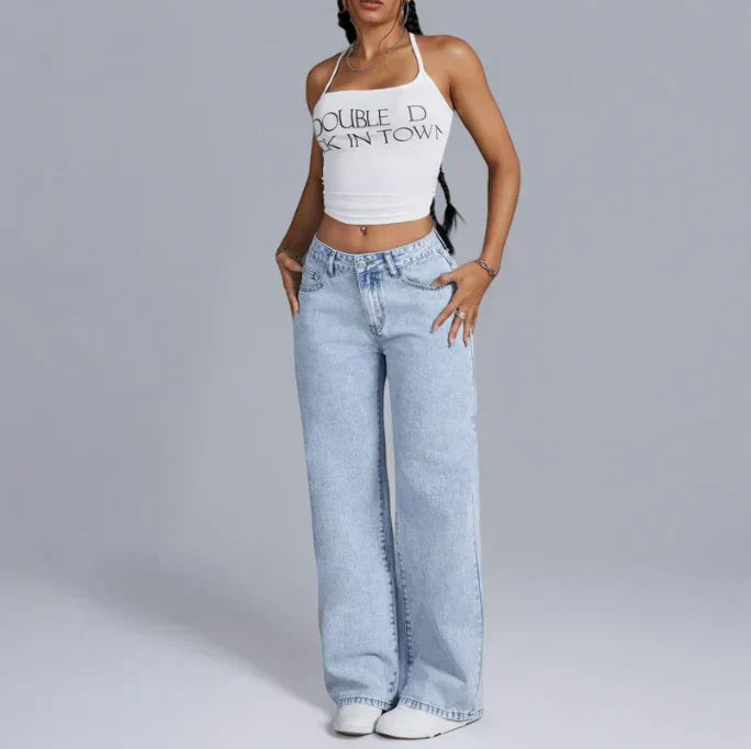 Dahna | Women's Wide Leg Denim Jeans with Pink Bow Accents