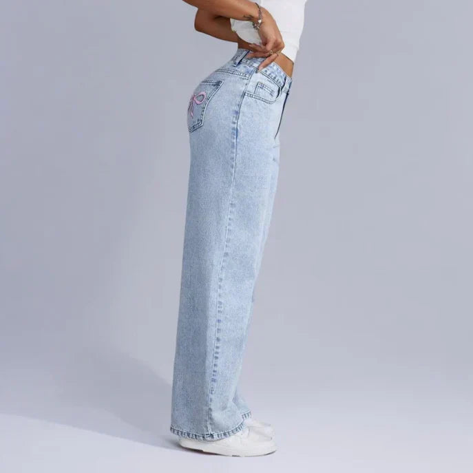 Dahna | Women's Wide Leg Denim Jeans with Pink Bow Accents