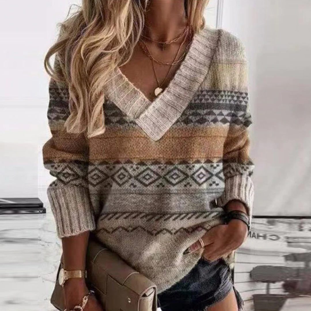 Women's Color Block Ribbed Knit V-Neck Sweater Brown