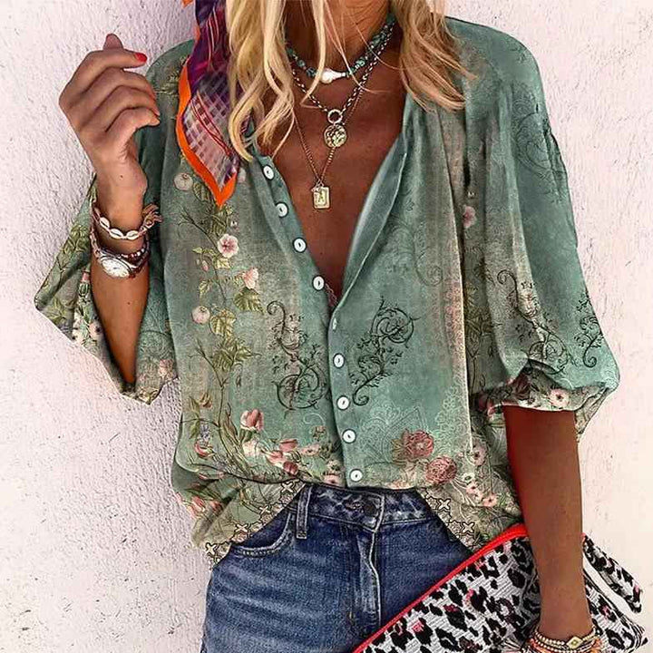 Women's Floral Button-Front Blouse Green