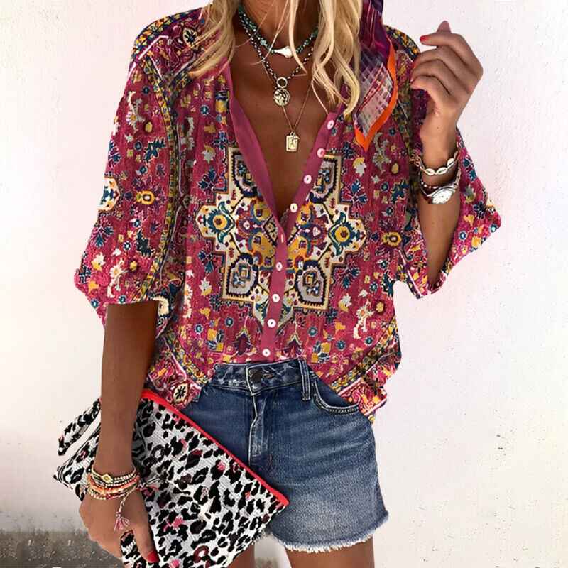 Women's Floral Button-Front Blouse Red
