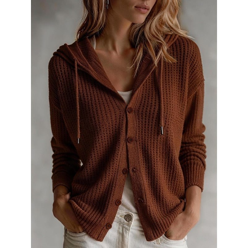 Women's Hooded Ribbed Knit Cardigan Bordeaux