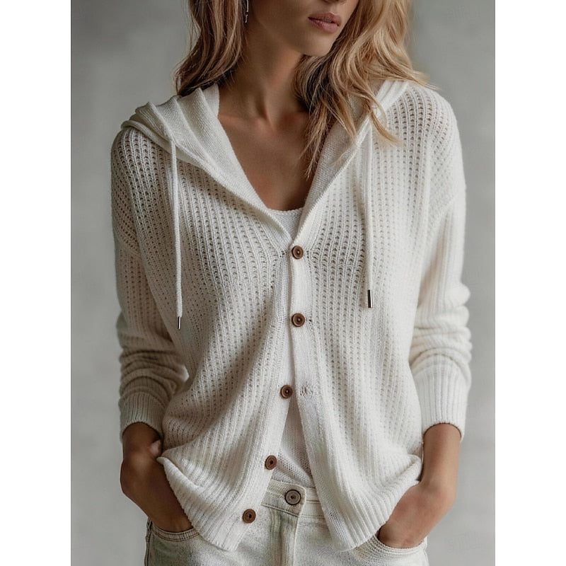 Women's Hooded Ribbed Knit Cardigan Blanc