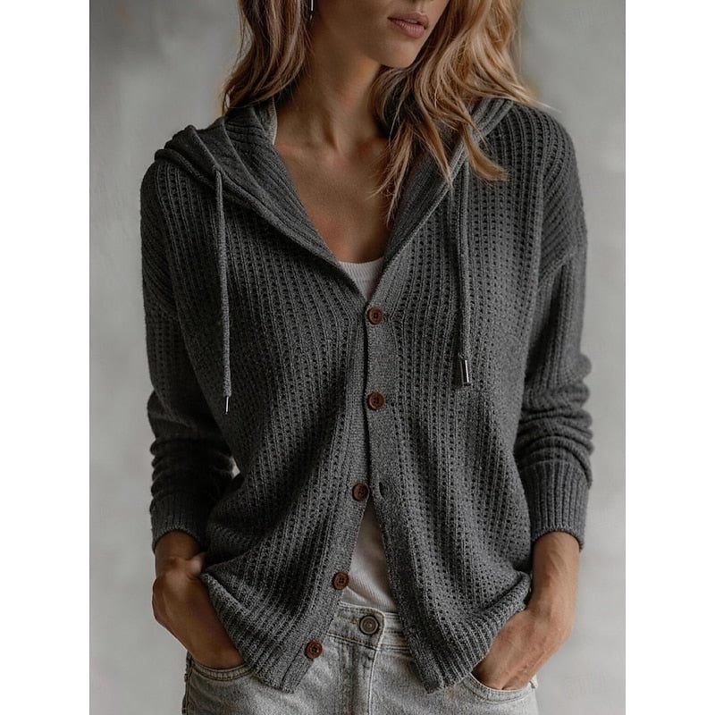 Women's Hooded Ribbed Knit Cardigan Gris