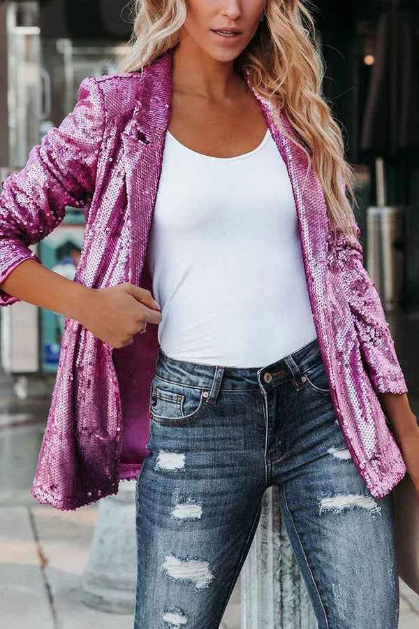 Women's Sequined Lapel Blazer Pink