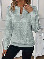 Women's Cable Knit Sweater - Round Neck, Long Sleeve, Zipper Detail