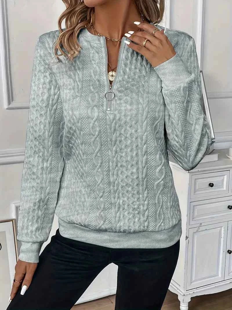 Women's Cable Knit Sweater - Round Neck, Long Sleeve, Zipper Detail