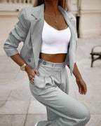 Women's Cropped Blazer Suit Set with Tailored Fit & High Waist Wide Leg Trousers – Pinstripe Design