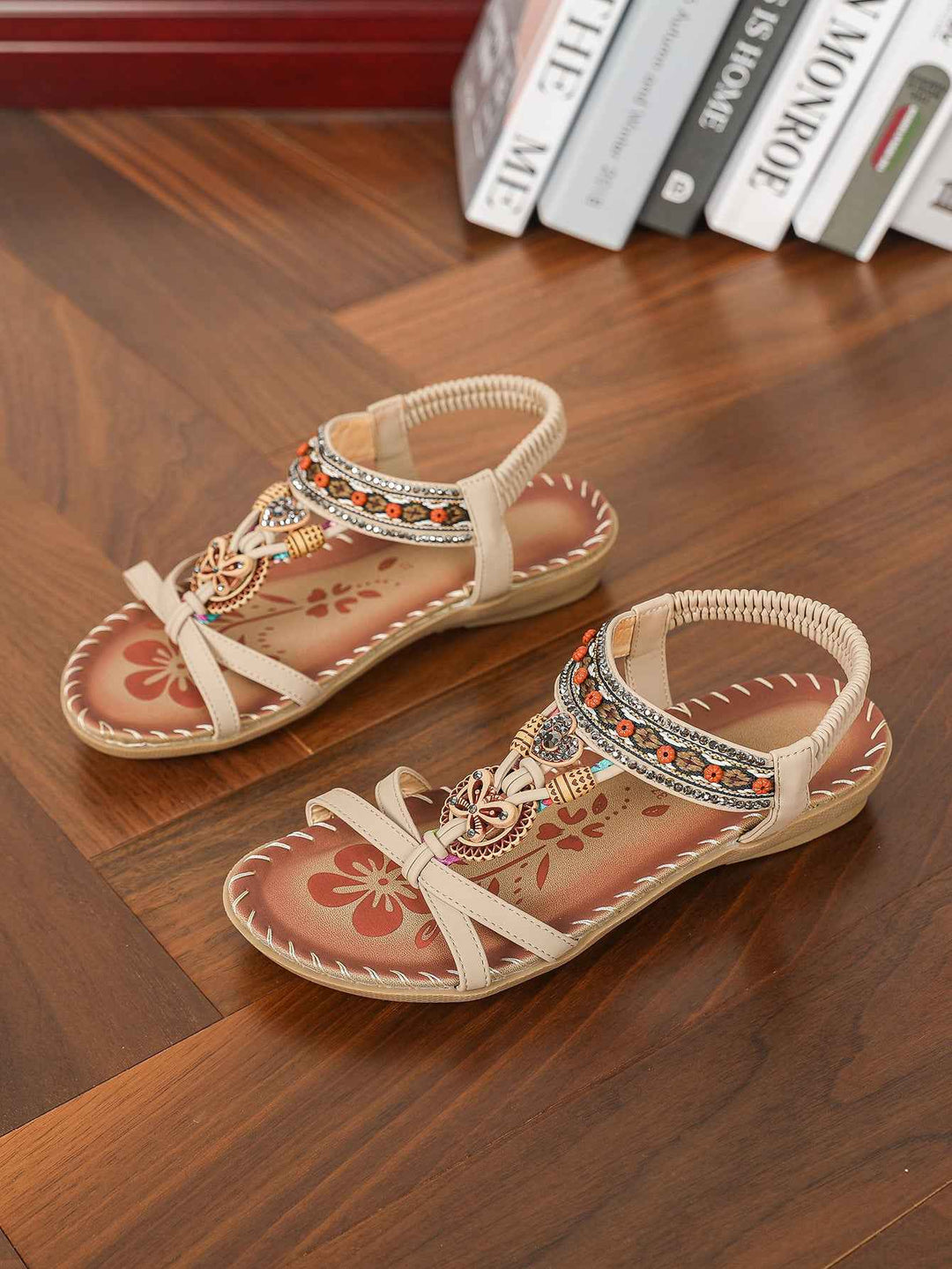 Women's Large Size Flat Bottom Flower Rhinestone Sandals Apricot Brown