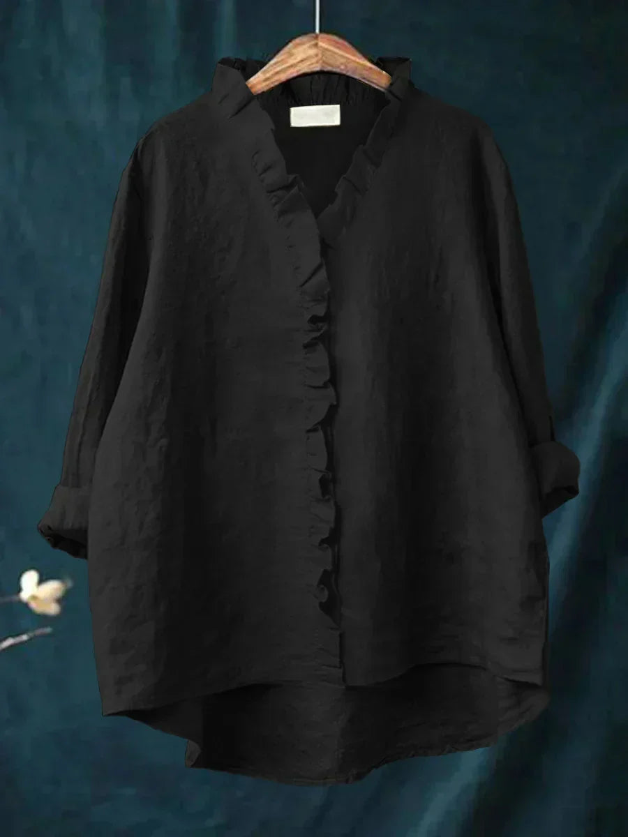Women's Casual Ruffle V-Neck Blouse Black