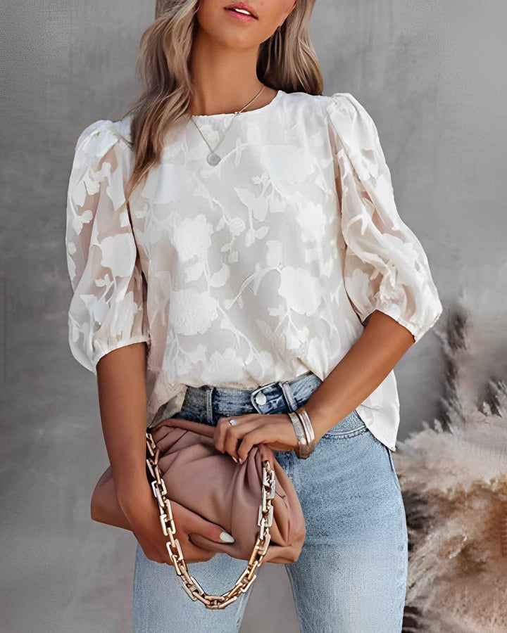 Women's Floral Jacquard Summer Blouse with Puff Sleeves White
