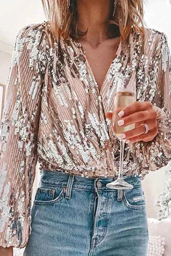 Women's V-Neck Sequined Blouse with Long Puff Sleeves - Relaxed Fit for Festive Occasions